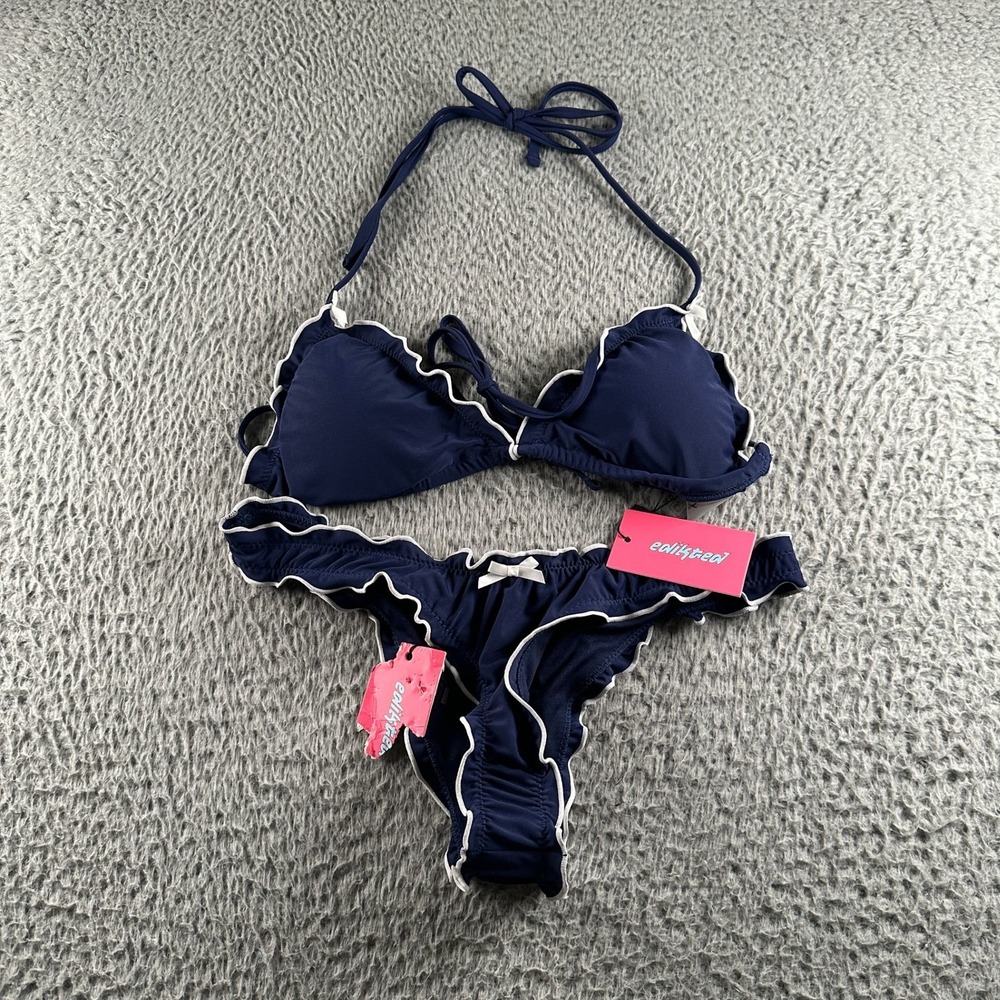 Edikted Bikini Womens M/XS Navy Ruffle Trim Two Piece Tie Halter White Piped NWT